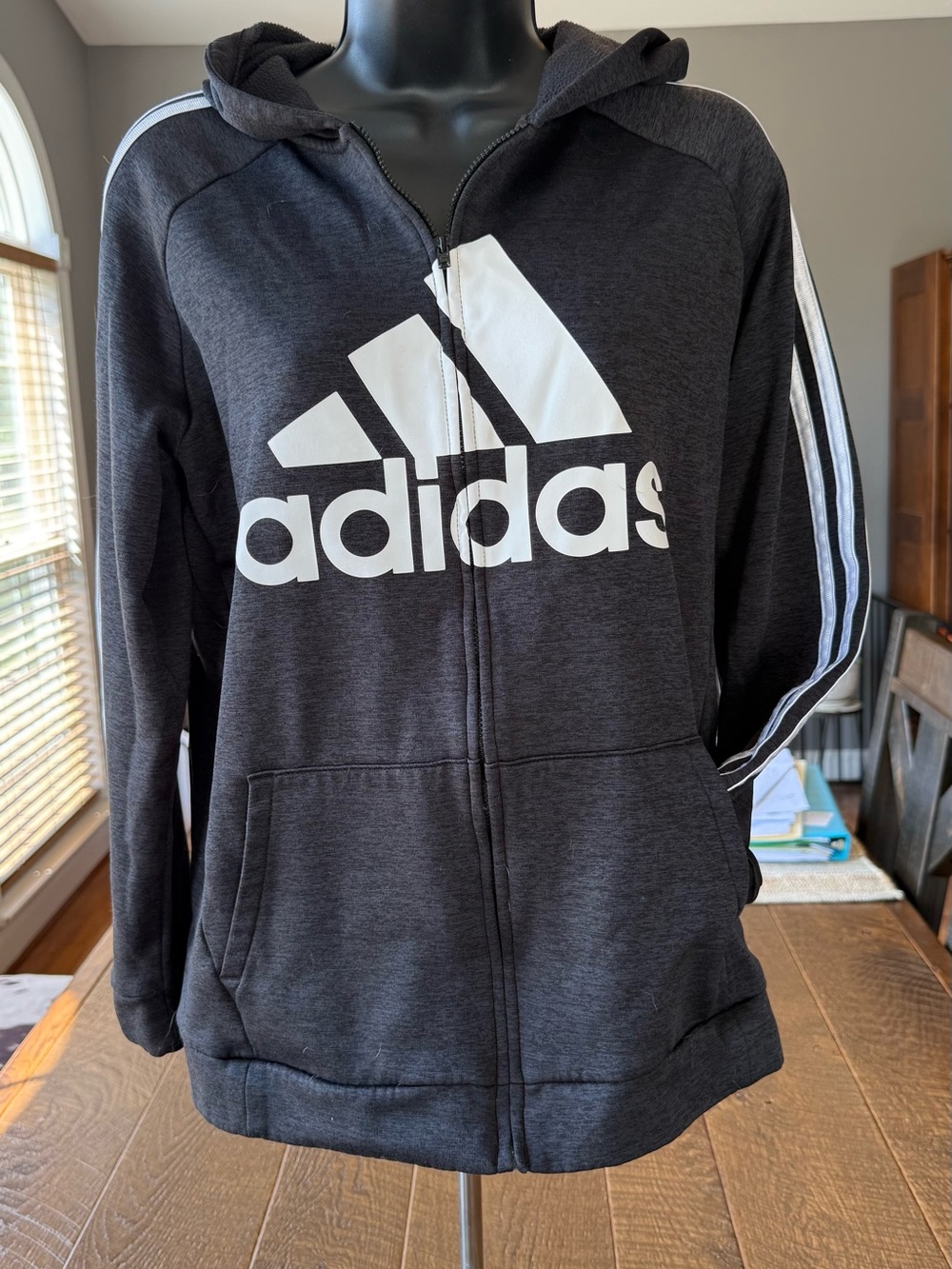 Adidas Black Hoodie with White Logo & Sleeve Stripes